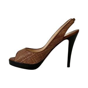 Christian Louboutin Raffia and Leather Yoyo Slingback Heels‎ Brown Sz 39